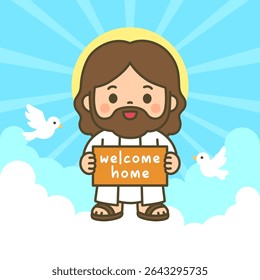 Joyful Cartoon Jesus Holding Welcome Home Sign with Doves in Heavenly Sky Vector Illustration with ray of light