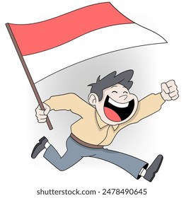 Joyful cartoon man running with Indonesian flag. Perfect for patriotic and festive illustrations.