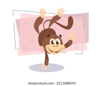 Joyful cartoon monkey doing handstand. Cute character, animal, fun. Can be used for topics like zoo, jungle, safari