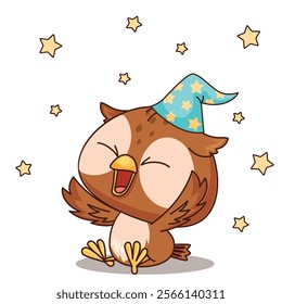 A joyful cartoon owl in a colorful party hat with sparkling stars, ideal for uplifting celebrations