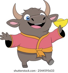 A joyful cartoon ox dressed in traditional Chinese clothing, holding a gold ingot, symbolizing prosperity and good luck