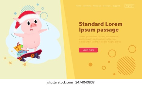 Joyful cartoon pig skateboarding with gifts. Christmas presents concept. Vector illustration can be used for festive poster, banner, landing page