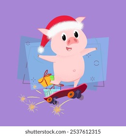 Joyful cartoon pig skateboarding with gifts. Christmas presents concept. Vector illustration can be used for festive posters, greeting cards, flyers