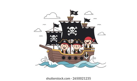 Joyful cartoon pirate crew sailing on a treasure ship across the blue ocean waves under a cloudy sky