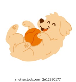 Joyful cartoon puppy lying on back with orange ball. Flat vector pet character illustration.