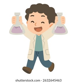 Joyful Cartoon Scientist Holding Flasks Illustration