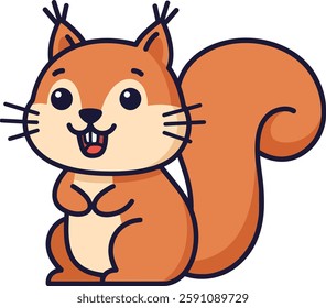 A joyful cartoon squirrel with a bushy tail sits cheerfully, showcasing a charming expression in a delightful flat design style.