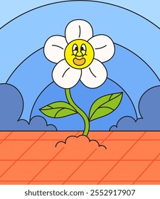 Joyful Cartoon Sun Flower with a Smiling Face Surrounded by Blue Skies and a Rainbow Vintage Retro illustration Hand drawn