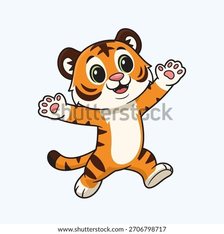 Joyful Cartoon Tiger Cub Jumping with Raised Arms