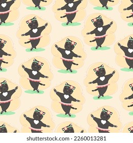 Joyful cat in skirt dancing seamless pattern, cute cat character in flat style. Vector illustration of a pet.
