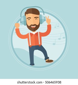 A joyful caucasian hipster man with the beard in headphones dancing and listening to music on a blue background with notes. Vector flat design illustration in the circle isolated on background.