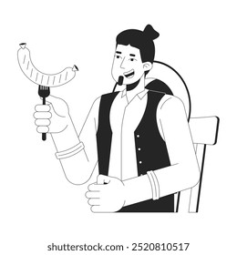 Joyful caucasian man eating grilled sausage black and white 2D line character. European male holding meat snack at oktoberfest isolated vector outline person. Monochromatic spot illustration