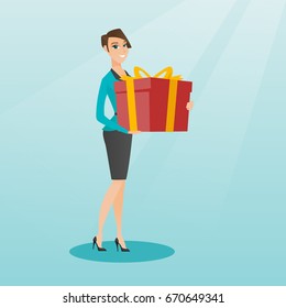 Joyful caucasian woman holding a box with gifts in hands. Young happy woman holding a gift box. Woman buying a present. Vector flat design illustration. Square layout.