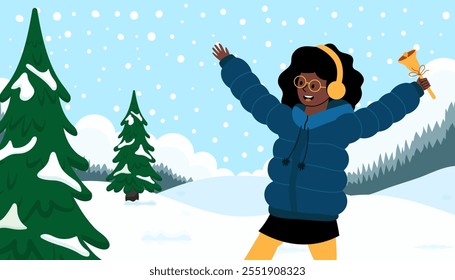 Joyful celebration in a snowy landscape with a girl enjoying winter activities