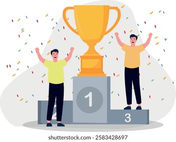 A joyful celebration of victory as two winners stand proudly on the podium with a golden trophy at the center. Confetti fills the air, symbolizing success, achievement, and triumph. The scene represen