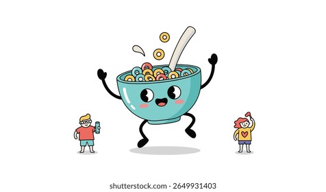 Personagem de cereal alegre dançando com crianças desfrutando de café da manhã juntos