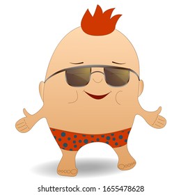 Joyful character in bathing shorts and sunglasses. A man with a smile and a red haircut spread his arms. The concept of a pleasant summer vacation.