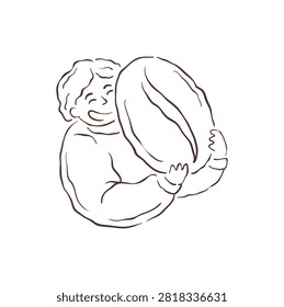A joyful character expresses immense love for coffee by hugging a giant bean. A concept of passion for caffeine and aroma. A simple, minimalist, hand-drawn line art vector illustration