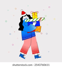 Joyful character holding stack of colorfully wrapped holiday gifts, spreading cheer and excitement. Creative illustration. Concept of winter season, Christmas and New Year, holiday, warmth, coziness