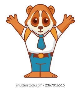 The joyful character of Lori waving his hand. Animalistic childish character with your hands up.Cute animal student.Line art vector.A schoolboy with a backpack.