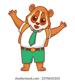 The joyful character of Lori waving his hand. Animalistic childish character with your hands up.Cute animal student.Line art vector.A schoolboy with a backpack.