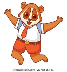 The joyful character of Lori waving his hand. Animalistic childish character with your hands up.Cute animal student.Line art vector.A schoolboy with a backpack.
