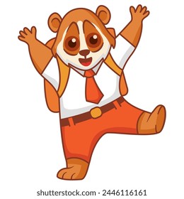 The joyful character of Lori waving his hand.Animalistic childish character.Cute animal student.Line art vector.