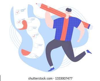 Joyful character is a man in a jump next to a long to-do list. He holds a giant pencil in his hands. Day planning, time management, project management. Vector illustration.