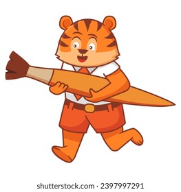 The joyful character of tiger runs with a paint brush in his hands.Cute animal student.Line art vector.Isolated on white background.
