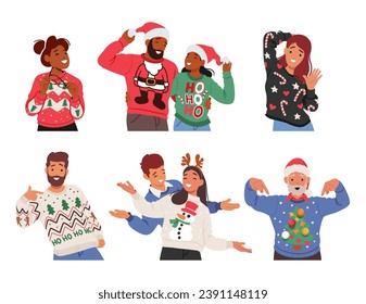 Joyful Characters Decked In Festive, Garish Christmas Sweaters, Striking Humorous Poses Radiating Holiday Cheer. Laughter And Merriment Abound In Their Gaudy Attire. Cartoon People Vector Illustration