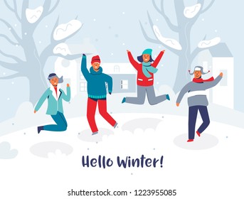 Joyful Characters Friends Jumping in the Snow. People in Warm Clothes on Happy Vacation. Hello Winter Card. Man and Woman Having Fun Outdoors. Vector illustration