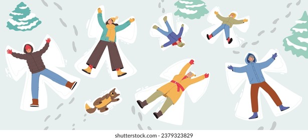 Joyful Characters Lie On Snowy Ground, Arms Outstretched, Creating Whimsical Snow Angels With Their Bodies, Leaving Imprints Of Winter Magic On The Glistening Snow. Cartoon People Vector Illustration