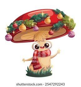 A joyful and cheerful cartoon mushroom cheerfully adorned with delightful festive decorations and a cozy scarf