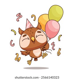 A joyful and cheerful cartoon owl is celebrating happily with vibrant, colorful balloons for a festive occasion