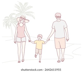 A joyful and cheerful family strolls hand in hand together on a bright and sunny day at the beautiful beach