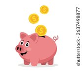 Joyful cheerful pink pig in flat style. Cute piggy bank vector illustration isolated on white background. Perfect for savings, finance, children’s books, or cartoon-style design projects.