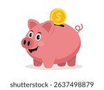 Joyful cheerful pink pig in flat style. Cute piggy bank vector illustration isolated on white background. Perfect for savings, finance, children’s books, or cartoon-style design projects.