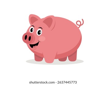 Joyful cheerful pink pig in flat style. Cute piggy bank vector illustration isolated on white background. Perfect for savings, finance, children’s books, or cartoon-style design projects.