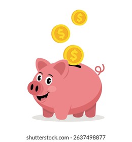 Joyful cheerful pink pig in flat style. Cute piggy bank vector illustration isolated on white background. Perfect for savings, finance, children’s books, or cartoon-style design projects.