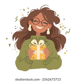 Joyful Cheerful Woman Holding a Gift. Vector illustration