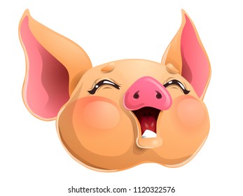 The joyful cheerful yellow pig head with brown eyes. A yellow hog, boar a symbol 2019 New Years according to the Chinese calendar. A cartoon vector illustration isolated on white.