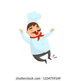 Joyful chef in jumping action. Cartoon character of funny man with mustache. Cook in traditional uniform Flat vector icon