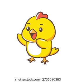 A joyful chick character waving its left wing while smiling with open eyes.