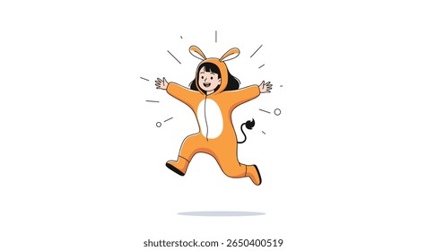 Criança alegre em traje de animal adorável celebra com salto exuberante e energia brilhante