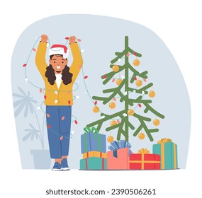 Joyful Child Adorns A Christmas Tree With Twinkling Lights And Colorful Ornaments. Happy Girl Character Spreading Holiday Cheer And Excitement In Their Cozy Home. Cartoon People Vector Illustration