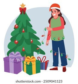 Joyful Child Adorns A Christmas Tree With Twinkling Lights And Colorful Ornaments. Happy Girl Character Spreading Holiday Cheer And Excitement In Their Cozy Home. Cartoon People Vector Illustration.