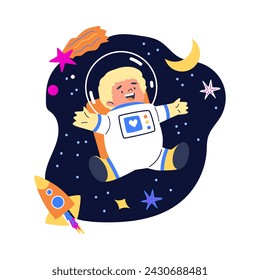 Joyful child astronaut floating in space with a toy rocket, surrounded by stars and a crescent moon, in a playful vector illustration