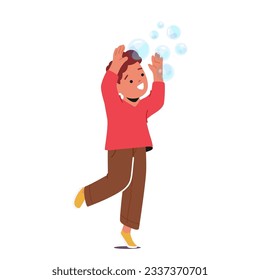 Freudendes Kind, das bläst und rieselfähige Seifenblasen jagt, glänzt, während es durch die Luft schweben lässt. Junge Charaktere, die magische und bezaubernde Spielzeit-Erfahrung schaffen. Vektorgrafik von Cartoon People