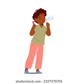 Joyful Child Blowing And Chasing Soap Bubbles, Little African Boy Character Gleefully Popping Them With Laughter, Creating Ephemeral World Of Shimmering Spheres. Cartoon People Vector Illustration