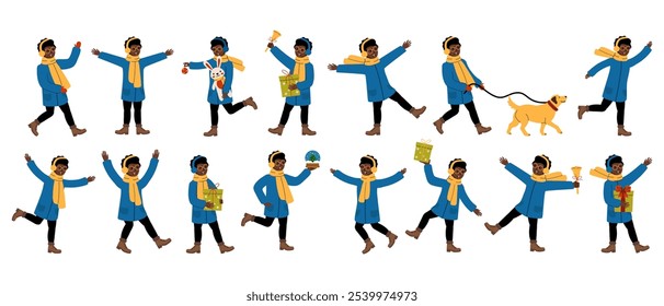 A joyful child in a blue coat and yellow scarf enjoys winter activities with a dog and festive items